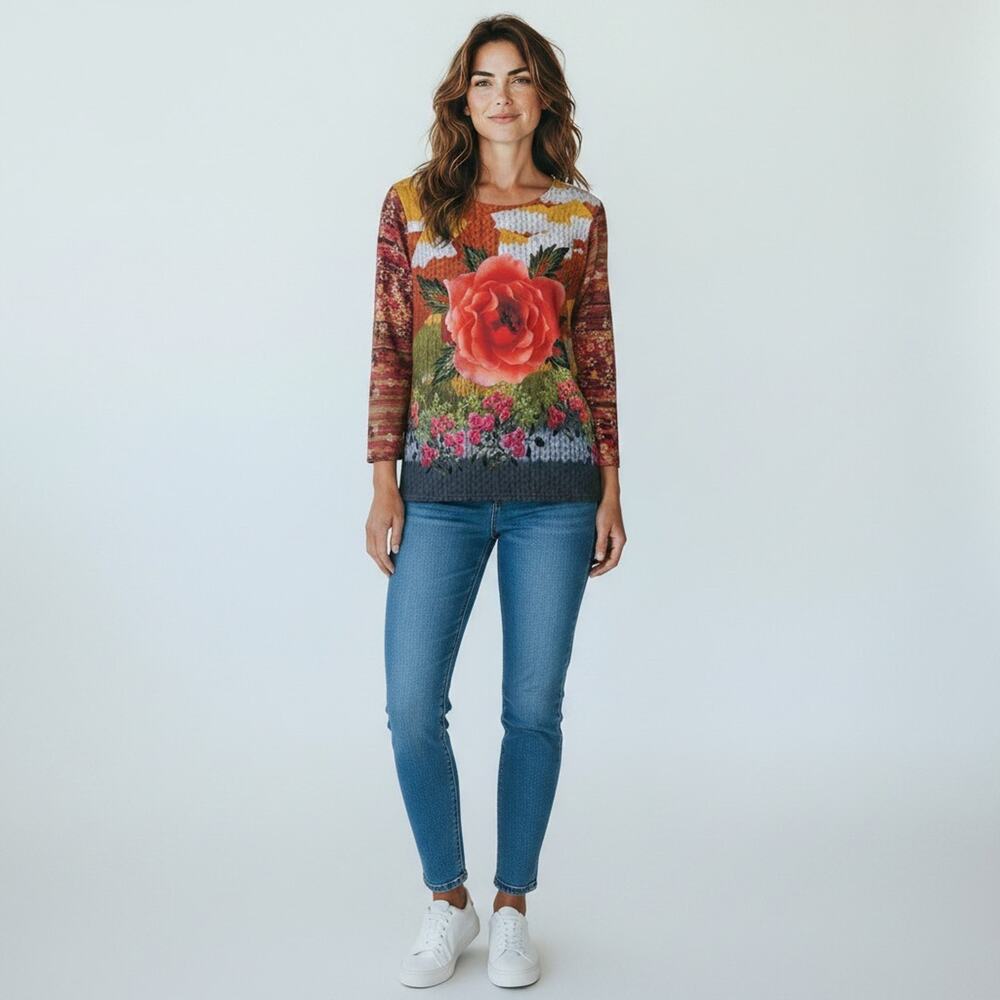 NU CONSTRUCTION FLORAL MOTIF TOP 3/4 SLEEVE ART TO WEAR BLOUSE WOMENS XS SMALL